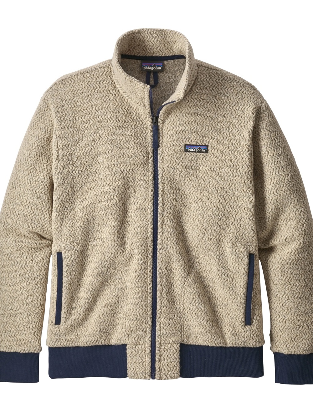Patagonia Men’s Cream Zip-Up Woolyester Jacket with Navy Trim